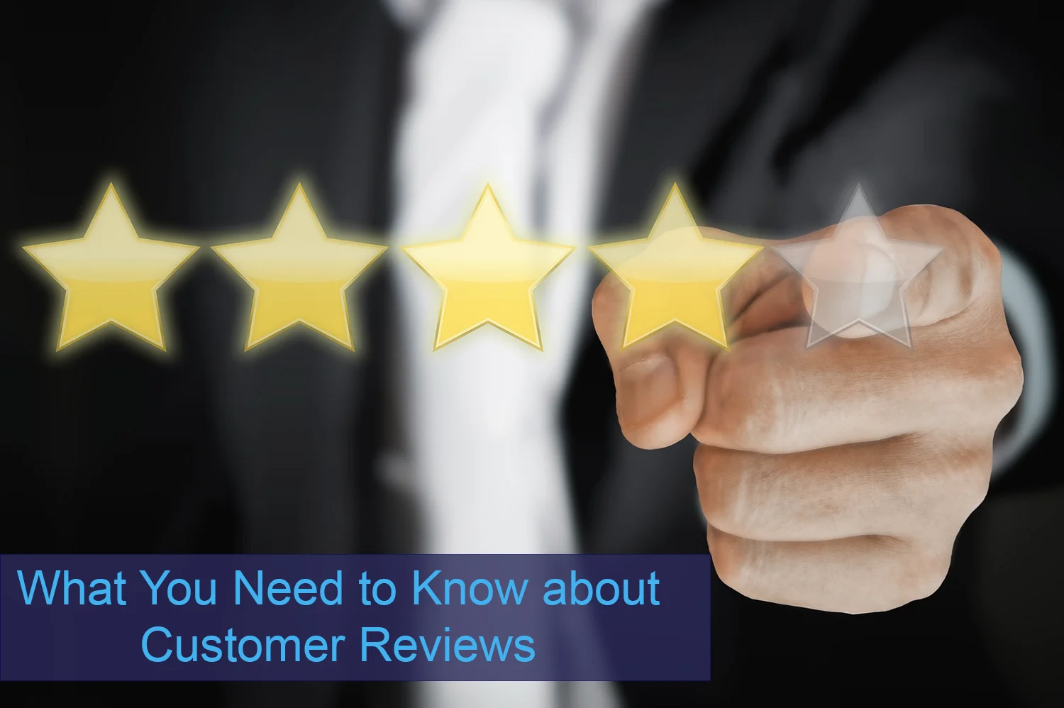 Man in black suit pointing to floating stars of a customer review.