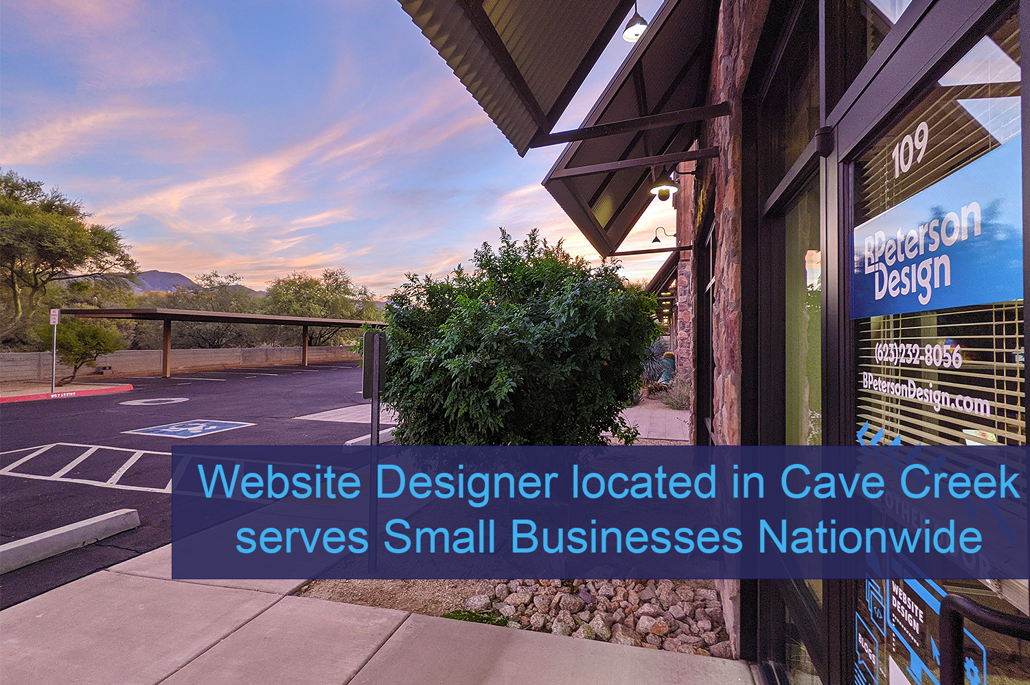 BPetersonDesign office in Cave Creek on a beautiful morning, with a pink and orange sunrise;