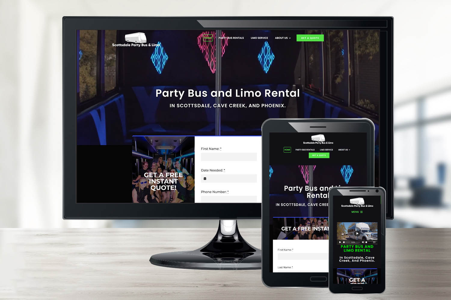 Scottsdale Party Bus and Limo's website shown on multiple devices