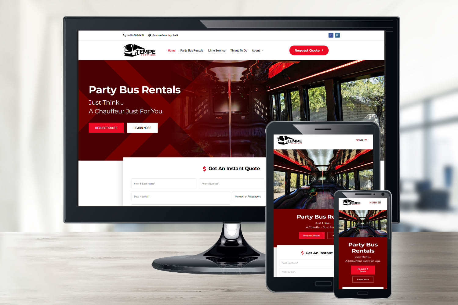 Tempe Party Bus's website shown on multiple devices