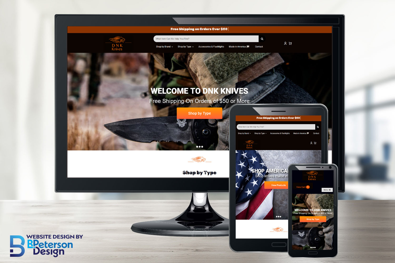 DNK Knives e-commerce website shown as responsive on computer, ipad, and mobile.