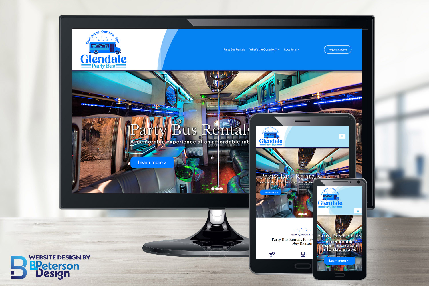 Glendale Party Bus new web design shown on responsive screens