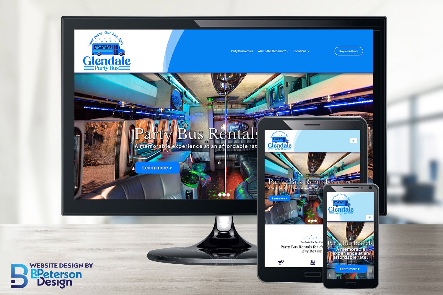 Glendale Party Bus new web design shown on responsive screens