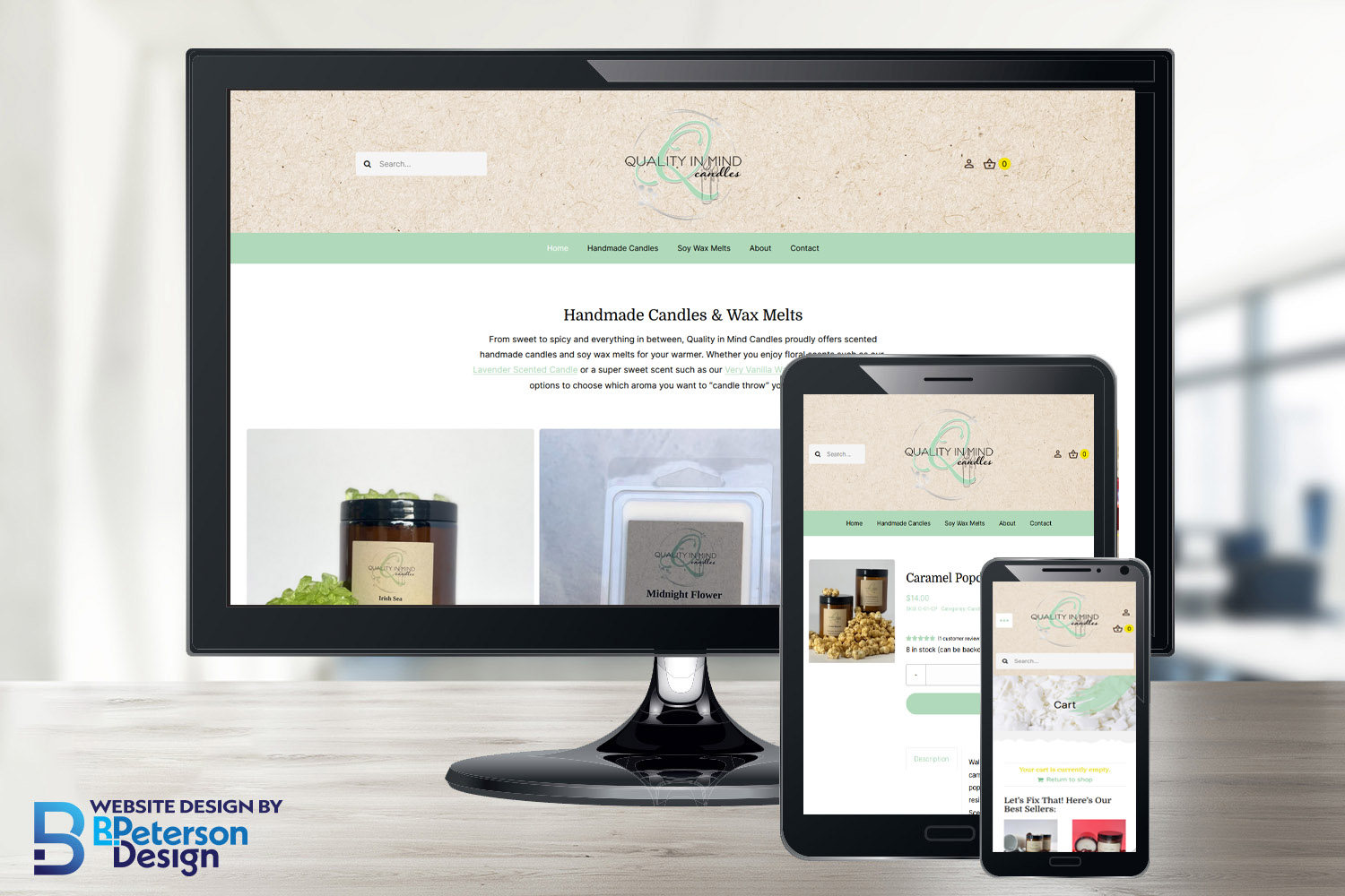 Quality in Mind Candles new e-commerce web design shown on responsive screens