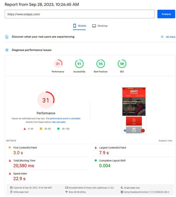 Snipps's Google PageSpeed score on Hibu Website Builder