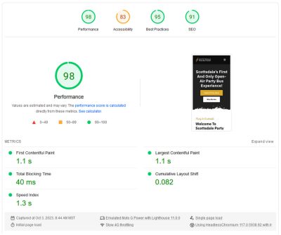 Scottsdale Party Bus Crawler's new PageSpeed Insights score