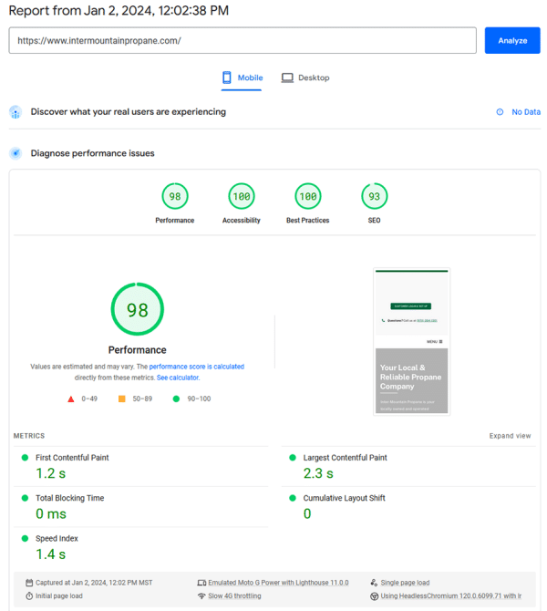 Passing PageSpeed score for Inter-Mountain Propane's new website launch