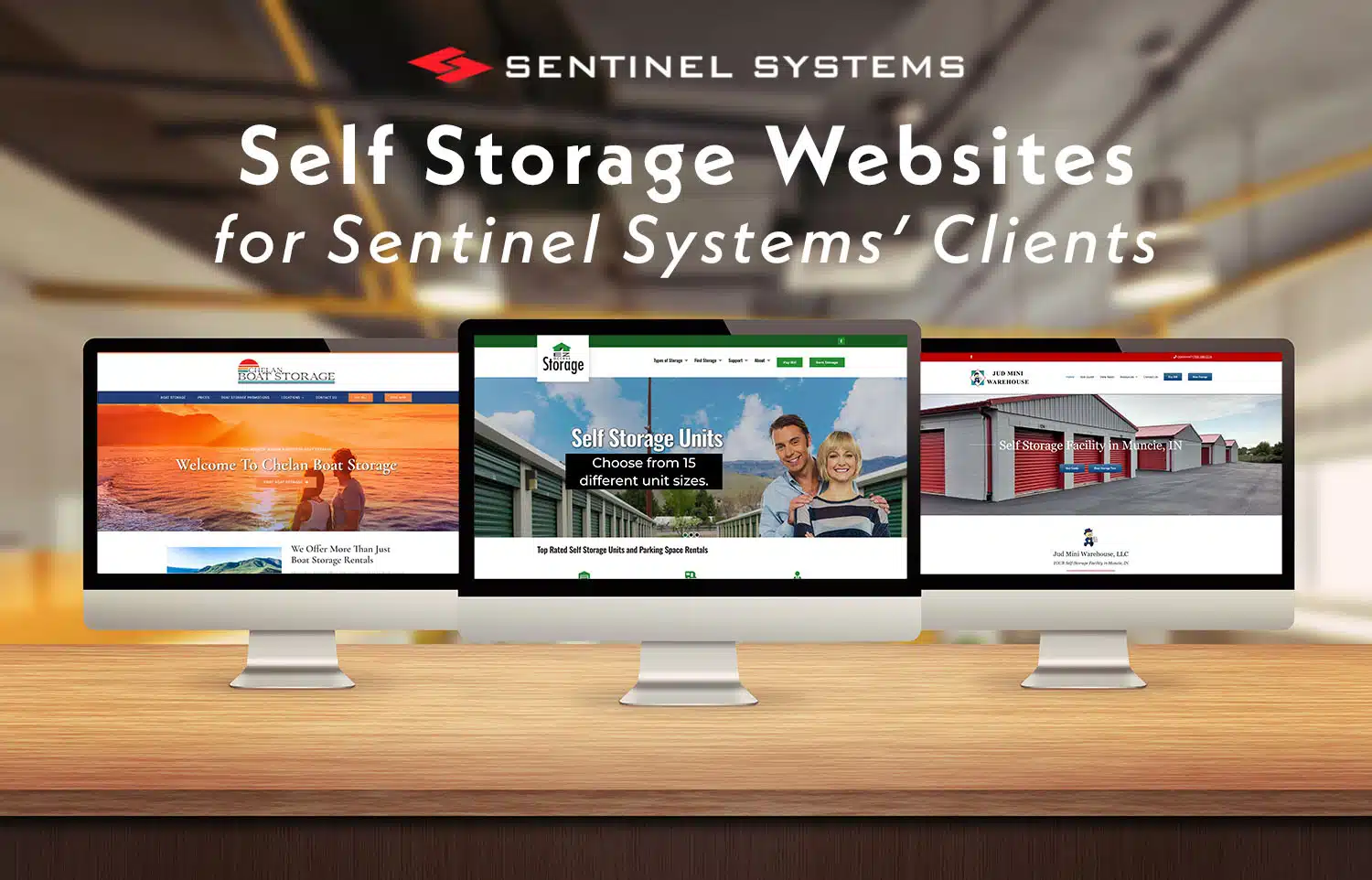 three computer screens displaying self storage websites