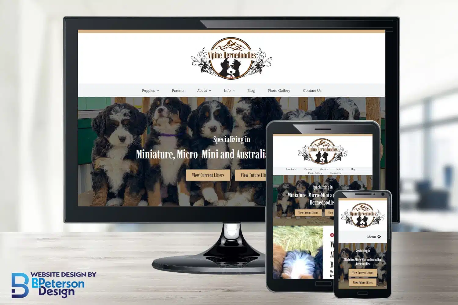 Alpine Bernedoodles website displayed on computer, iPad, and mobile phone screens