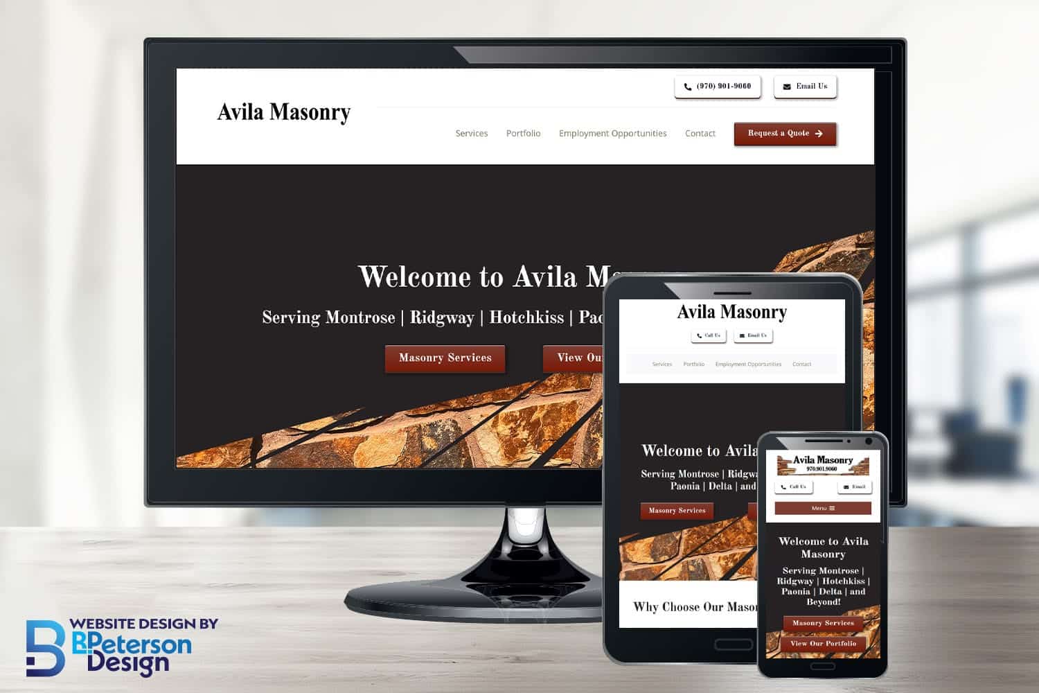 Avila Masonry website displayed on computer, iPad, and mobile phone screens