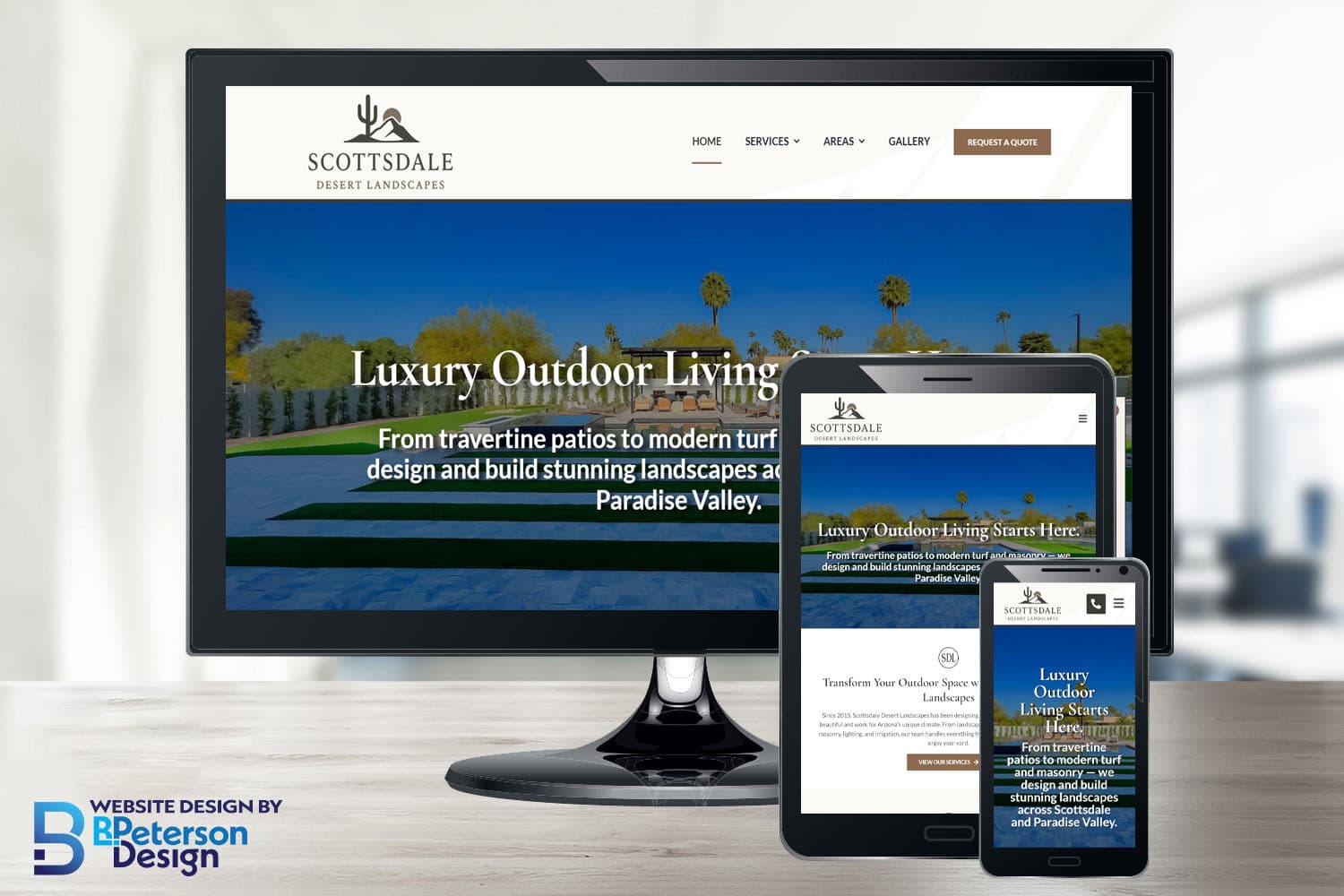 Responsive landscaping website design for Scottsdale Desert Landscapes showcasing desktop, tablet, and mobile views by BPetersonDesign