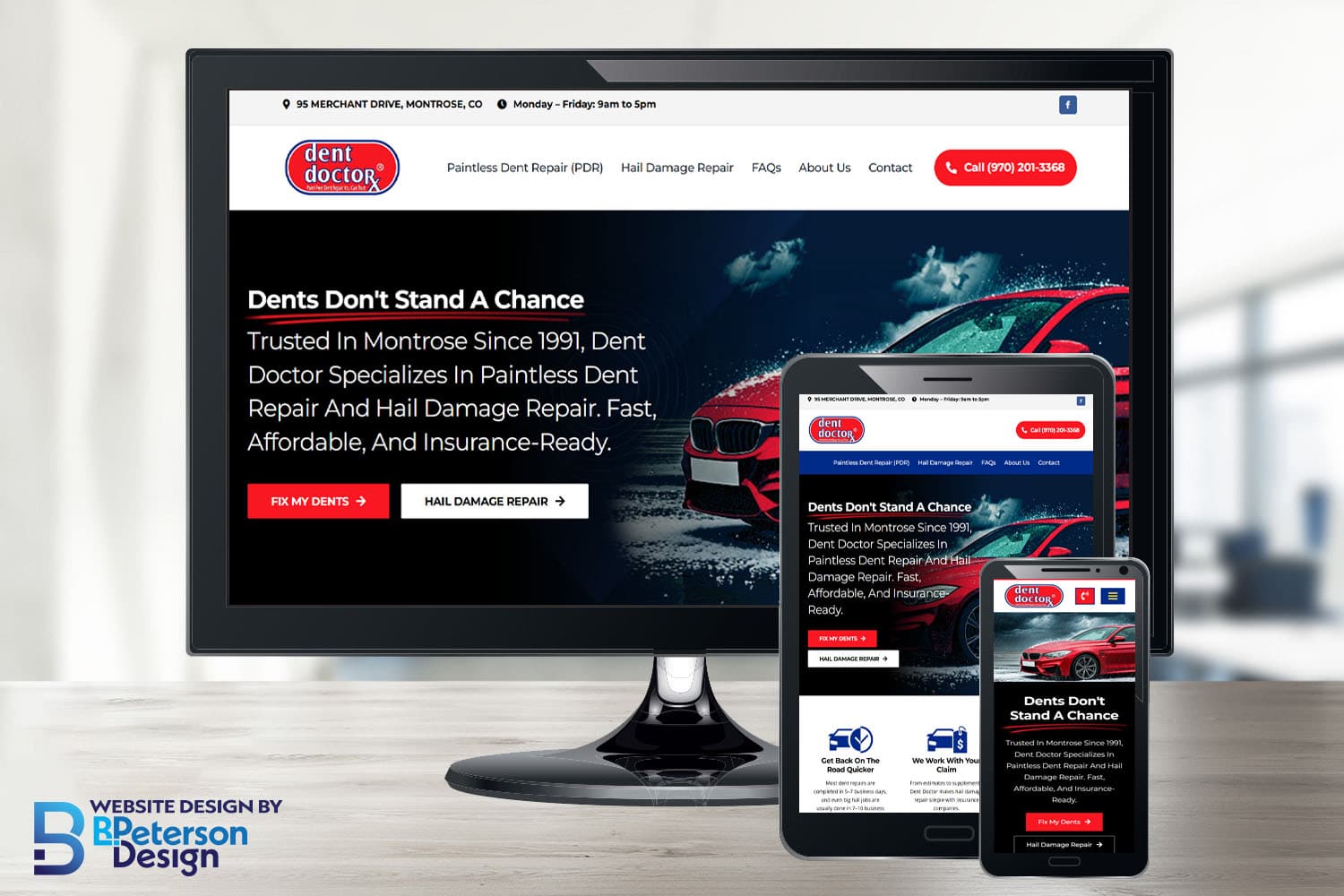 Dent Doctor's website design by BPetersonDesign shown on different devices to show its responsive