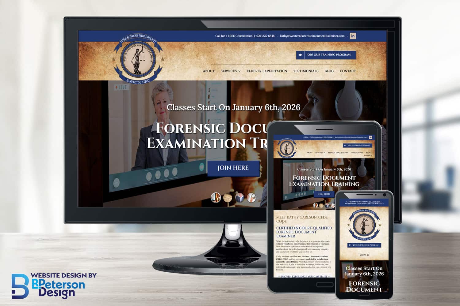 Small business website redesign for Western Forensic Document Examiner by BPetersonDesign, showing responsive website design on desktop, tablet, and mobile devices.