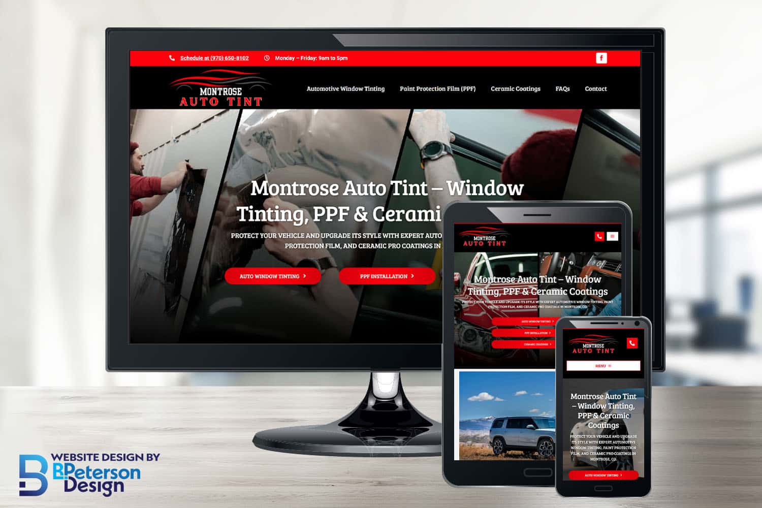 Montrose Auto Tint website design showing it's responsive on a computer, ipad, and mobile device