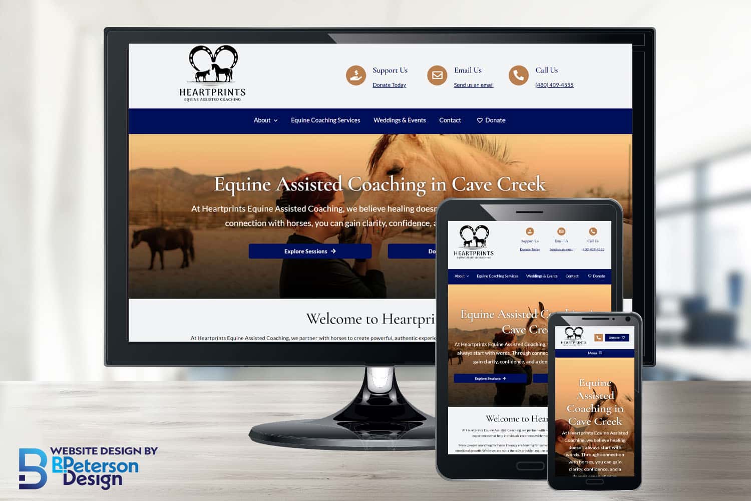 Nonprofit website designer project by BPetersonDesign showing Heartprints Equine Assisted Coaching responsive website design on desktop, tablet, and mobile devices in Cave Creek Arizona