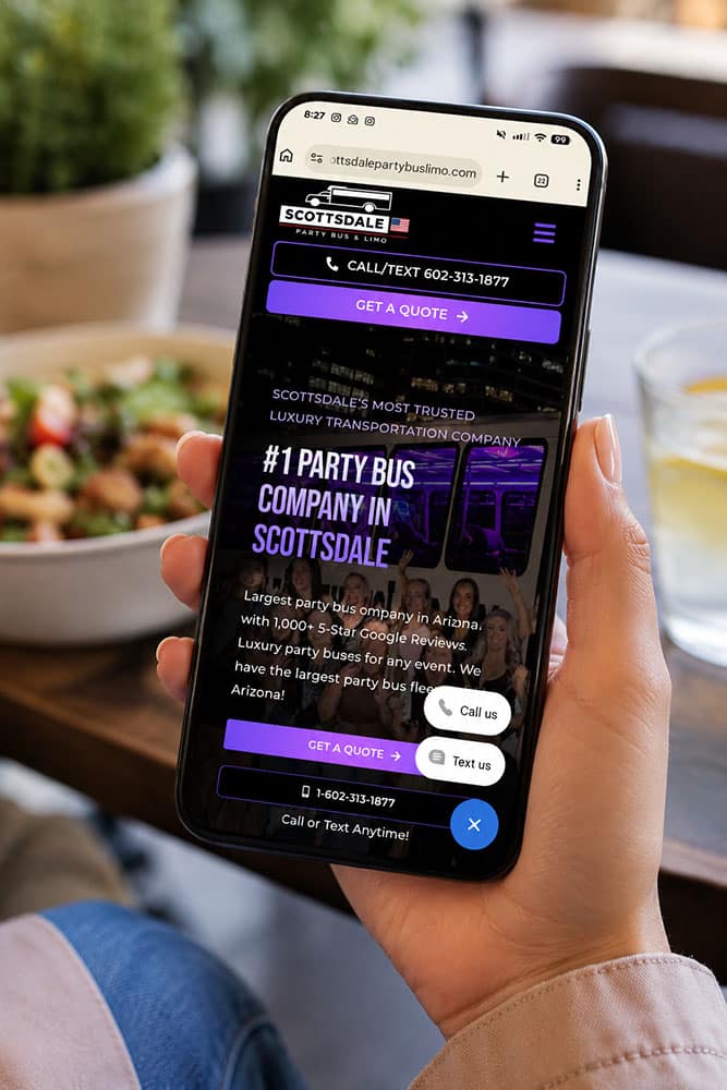 woman viewing party bus website on mobile